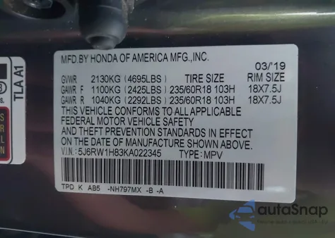 2019 Honda Cr-V Ex-L z USA, uszkodzony, nr VIN 5J6RW1H83KA022345